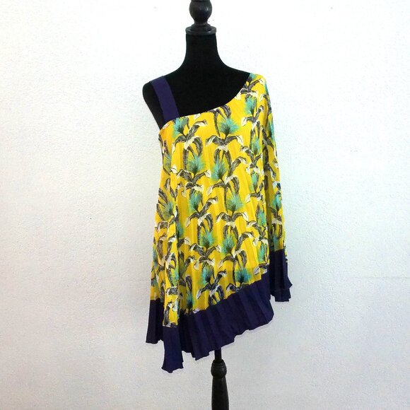 Ryu: Yellow/purple floral pleats one shoulder top, with double layers - Picture 6 of 12